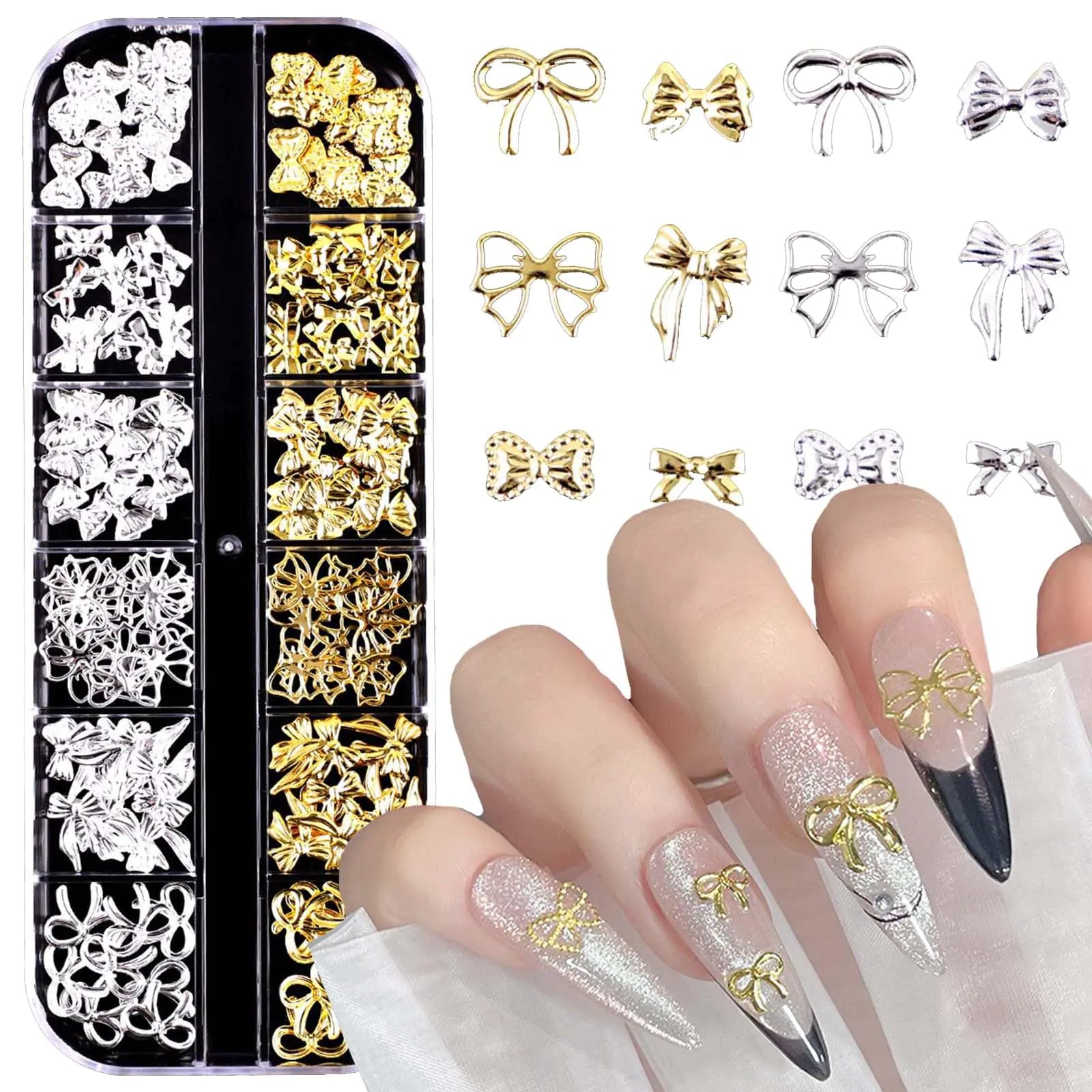 Mixed Gold Nail Charms Bow Nail Art Charms 3D Sliver Nail Charms Bow Nail Rhinestones Design Nail Supplies Jewelry Decoration for Women DIY Nail Accessories