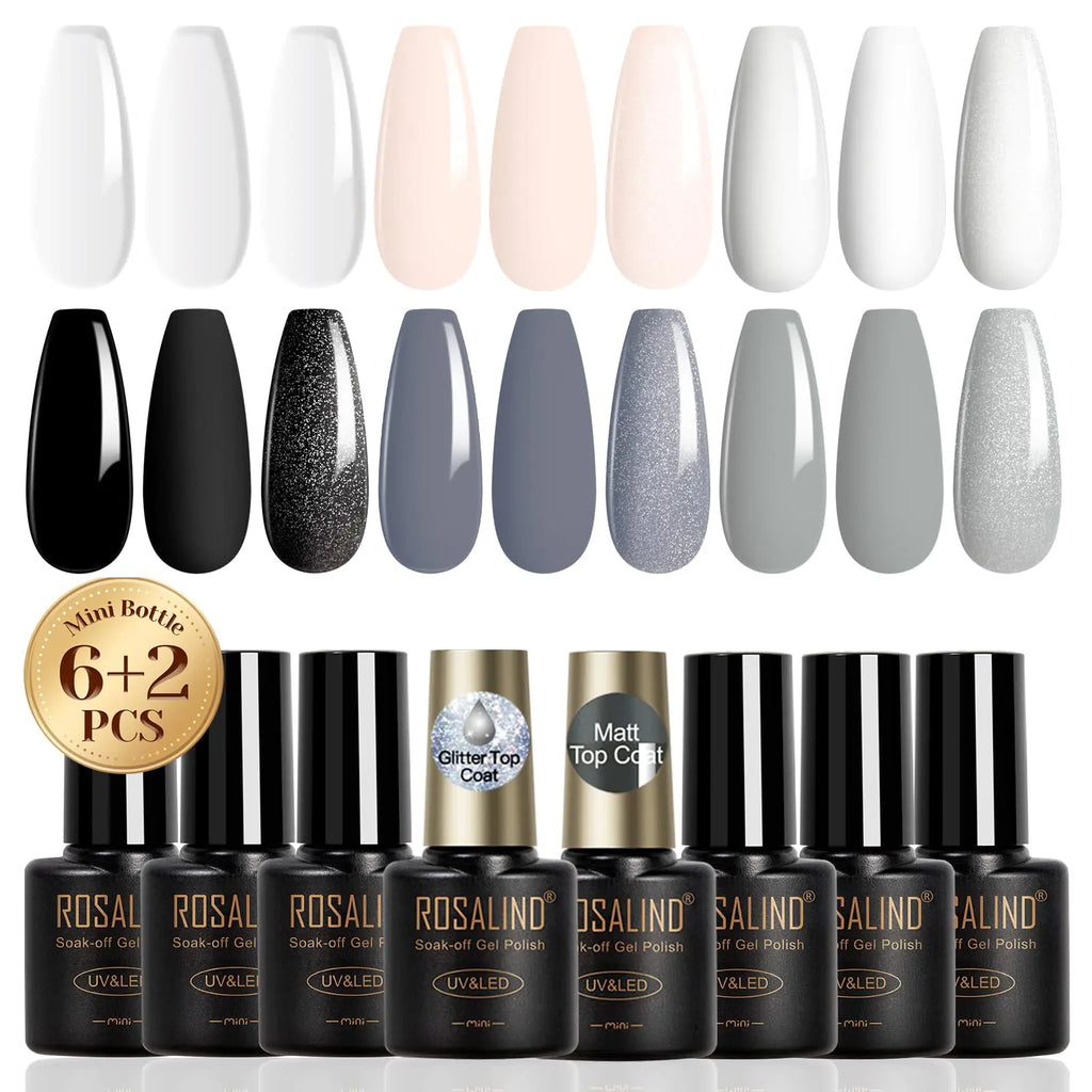 ROSALIND White Black Gel Nail Polish Set with Matte and Glitter Top Coat 6 Colors Black Milky White Neutral Nude Grey Gel Nail Polish Soak Off Gel Nail art