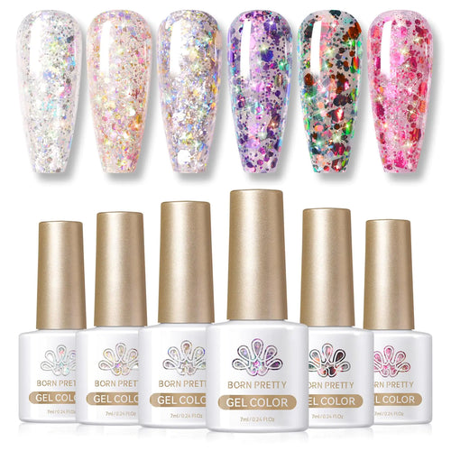 Born Pretty Glitter Sequins Gel Nail Polish Sparkly Shiny Pink Yellow Blue Green Gel Nail Polish Set Soak Off U V Nail Gel Nail Art Manicure Varnish Kit 7ML 6PCS