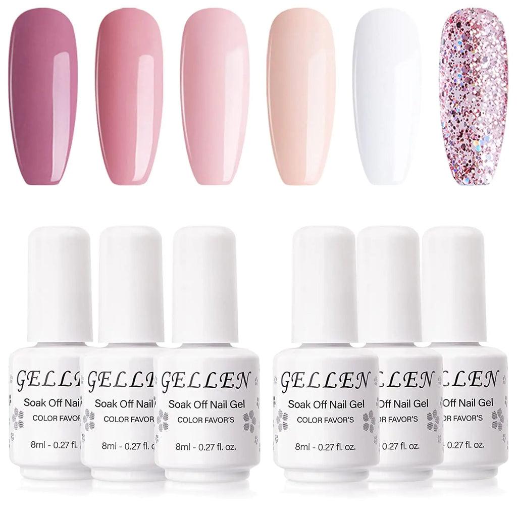 Gellen Nude Gel Nail Polish Set - Nude Gel Nail Polish Colors 6 Pink White Gel Nail Polish Glitter Purple Nail Art Designs Home Gel Polish Manicure Christmas Set